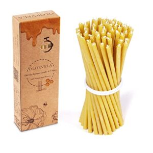 olorvela beeswax taper candles candlesticks bulk – skinny taper candles, thin beeswax candles tall birthday candles for cake, 50pcs 6.3″ for hanukkah, home decor, (yellow)