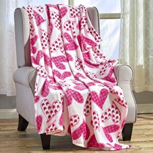 Large Heart Throw Blanket Soft Fleece White Blanket with Pink Hearts for Kids Adults Use on Couch Sofa Bed 50 x 60