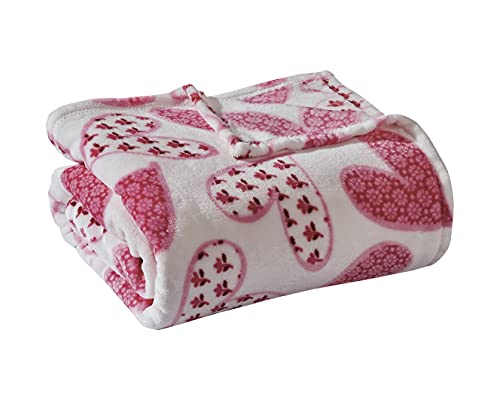 Large Heart Throw Blanket Soft Fleece White Blanket with Pink Hearts for Kids Adults Use on Couch Sofa Bed 50 x 60