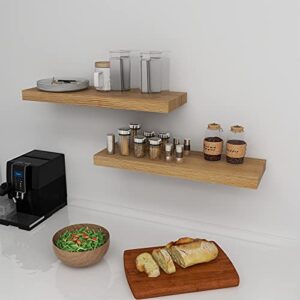 INHABIT UNION Oak Floating Shelves for Wall，24in Wall Mounted Display Ledge Shelves Perfect for Bedroom, Bathroom, Living Room and Kitchen Decoration Storage (Oak)