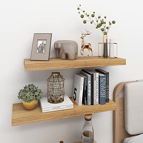 INHABIT UNION Oak Floating Shelves for Wall，24in Wall Mounted Display Ledge Shelves Perfect for Bedroom, Bathroom, Living Room and Kitchen Decoration Storage (Oak)