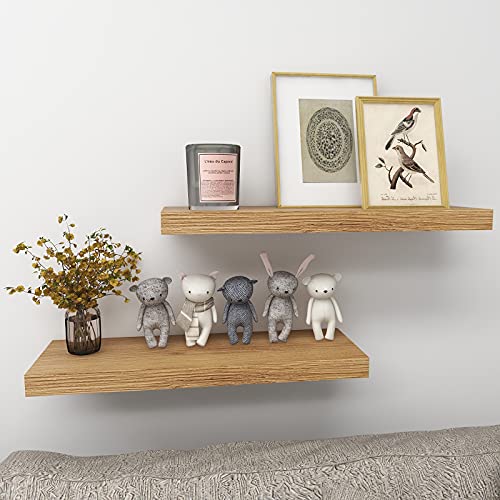 INHABIT UNION Oak Floating Shelves for Wall，24in Wall Mounted Display Ledge Shelves Perfect for Bedroom, Bathroom, Living Room and Kitchen Decoration Storage (Oak)