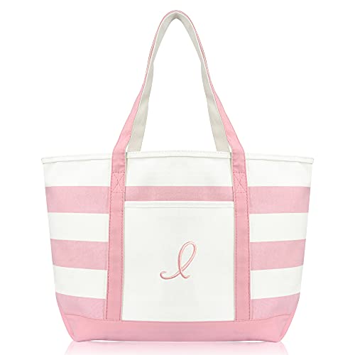 DALIX Striped Beach Bag Tote Bags Satchel Personalized Pink Ballent Letter I