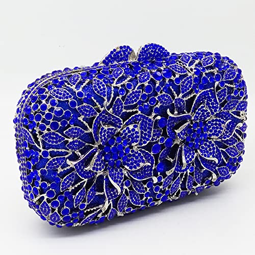 Boutique De FGG Double Flowers Women Crystal Clutch Evening Bags Wedding Party Rhinestones Handbags and Purses (Fit For Iphone 8,Blue)