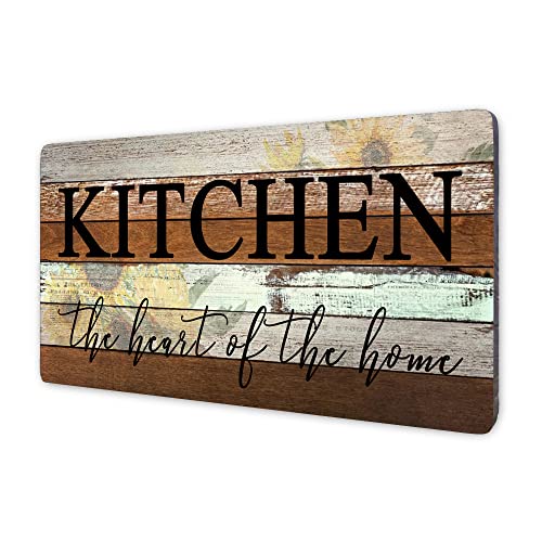 Farmhouse Kitchen Signs Wall Decor Funny Kitchen Wall Art-Kitchen is The Heart of The Home-Sunflower Themed Printed Large Wood Signs Kitchen Wall Decor Home Decorations 16" x 8"