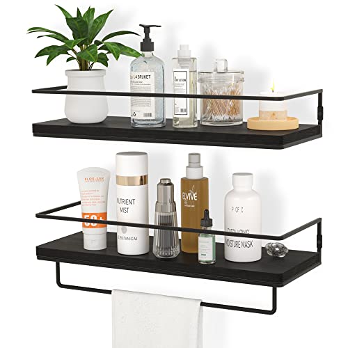 ZGO Floating Shelves for Wall Set of 2, Wall Mounted Storage Shelves with Black Metal Frame and Towel Rack for Bathroom, Bedroom, Living Room, Kitchen, Office (Black)