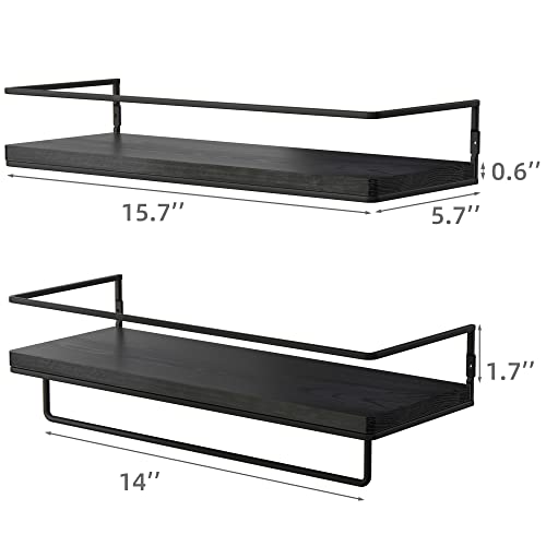 ZGO Floating Shelves for Wall Set of 2, Wall Mounted Storage Shelves with Black Metal Frame and Towel Rack for Bathroom, Bedroom, Living Room, Kitchen, Office (Black)