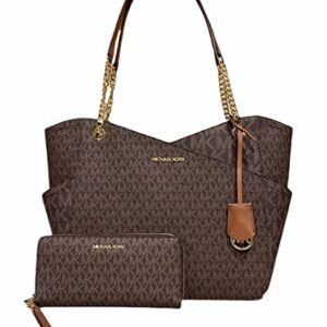 Michael Kors Jet Set Travel Large Chain Shoulder Tote Brown MK Signature Bundled with Michael Kors Jet Set Travel Continental Long Wallet Wristlet Brown