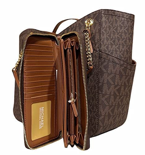 Michael Kors Jet Set Travel Large Chain Shoulder Tote Brown MK Signature Bundled with Michael Kors Jet Set Travel Continental Long Wallet Wristlet Brown