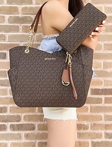 Michael Kors Jet Set Travel Large Chain Shoulder Tote Brown MK Signature Bundled with Michael Kors Jet Set Travel Continental Long Wallet Wristlet Brown