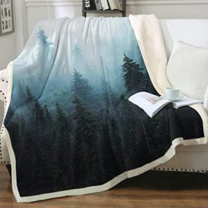 sleepwish pinecone blanket misty landscape sherpa plush fleece throw blanket for couch, sofa, bed, couch, office lap hipster tree vintage lightweight blankets throw(50″x60″)