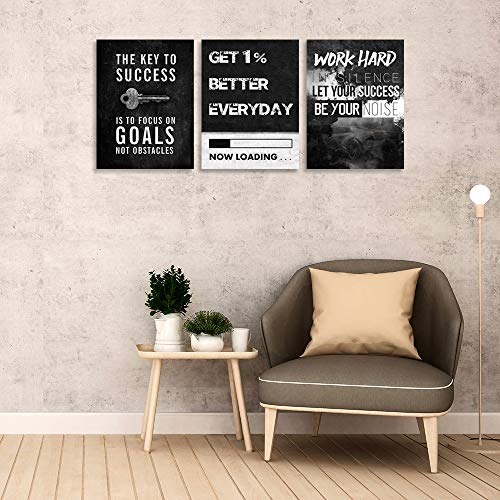 Inspirational Wall Art Canvas Hustle Poster Success Goal Artwork Entrepreneur Quote Painting Motivational Office Wall Decor Art for Bedroom Living Room Home Decoration Framed 12inch x16inch x3pieces