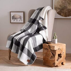 pendleton plaid cotton sherpa throw – soft plush blanket – black/ivory
