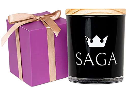 SAGA Natural Soy Wax Candle Scented Sandal Wood, Coconut & English Pear Aromatherapy Jar Candle, 1 Wick Candle with White Glass- 8 oz 55 Hour Clean Burning- Self Care Gift Box for Special Occasions