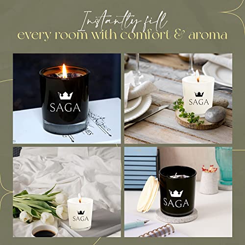 SAGA Natural Soy Wax Candle Scented Sandal Wood, Coconut & English Pear Aromatherapy Jar Candle, 1 Wick Candle with White Glass- 8 oz 55 Hour Clean Burning- Self Care Gift Box for Special Occasions