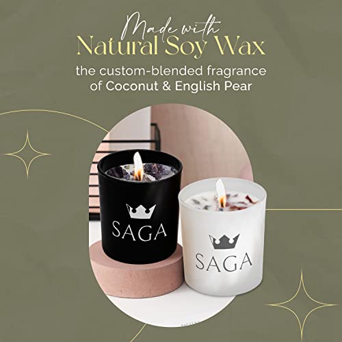 SAGA Natural Soy Wax Candle Scented Sandal Wood, Coconut & English Pear Aromatherapy Jar Candle, 1 Wick Candle with White Glass- 8 oz 55 Hour Clean Burning- Self Care Gift Box for Special Occasions