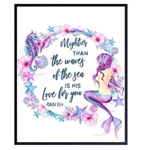 mermaid seahorse seashells wall art – inspirational bible verse religious quote – christian scripture room decor for bathroom, bedroom – nautical ocean beach house poster – mightier than the waves