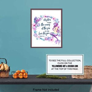 Mermaid Seahorse Seashells Wall Art - Inspirational Bible Verse Religious Quote - Christian Scripture Room Decor for Bathroom, Bedroom - Nautical Ocean Beach House Poster - Mightier Than the Waves