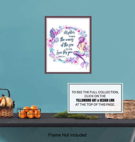 Mermaid Seahorse Seashells Wall Art - Inspirational Bible Verse Religious Quote - Christian Scripture Room Decor for Bathroom, Bedroom - Nautical Ocean Beach House Poster - Mightier Than the Waves