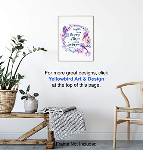 Mermaid Seahorse Seashells Wall Art - Inspirational Bible Verse Religious Quote - Christian Scripture Room Decor for Bathroom, Bedroom - Nautical Ocean Beach House Poster - Mightier Than the Waves