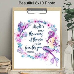 Mermaid Seahorse Seashells Wall Art - Inspirational Bible Verse Religious Quote - Christian Scripture Room Decor for Bathroom, Bedroom - Nautical Ocean Beach House Poster - Mightier Than the Waves