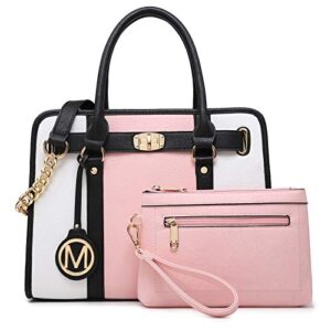 women purse and wallet set top handle satchel large shoulder tote bags fashion leather two tone 2pcs (pink/white)