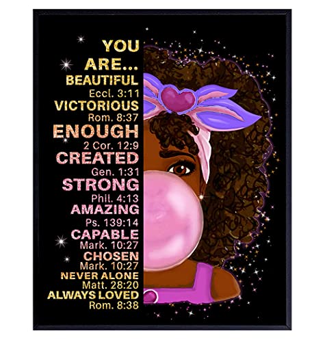 Black African American Girl Wall Art & Decor - Black Art - Positive Affirmations - Christian Bible Verses - Inspirational Positive Quotes - Pink Little Girls Bedroom Decor - Toddler Girls Bedroom