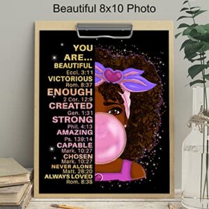 Black African American Girl Wall Art & Decor - Black Art - Positive Affirmations - Christian Bible Verses - Inspirational Positive Quotes - Pink Little Girls Bedroom Decor - Toddler Girls Bedroom