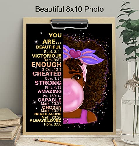 Black African American Girl Wall Art & Decor - Black Art - Positive Affirmations - Christian Bible Verses - Inspirational Positive Quotes - Pink Little Girls Bedroom Decor - Toddler Girls Bedroom