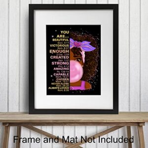 Black African American Girl Wall Art & Decor - Black Art - Positive Affirmations - Christian Bible Verses - Inspirational Positive Quotes - Pink Little Girls Bedroom Decor - Toddler Girls Bedroom