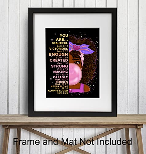 Black African American Girl Wall Art & Decor - Black Art - Positive Affirmations - Christian Bible Verses - Inspirational Positive Quotes - Pink Little Girls Bedroom Decor - Toddler Girls Bedroom