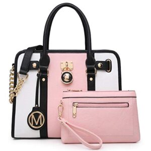 women handbags purses satchel bags top handle work tote shoulder bags with matching wallet (pink/white)