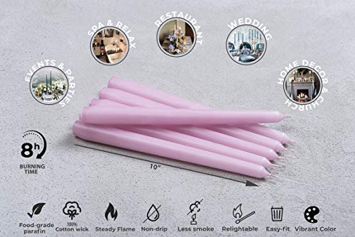 Set of 10 Dinner Taper Candles 10 Inch Unscented Tall Dripless Candlesticks Bulk for Wedding Restaurant Home Decoration Spa Church Smokeless Vegan - Pink