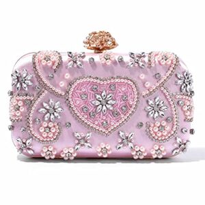 yokawe women’s evening bags rhinestone party prom clutch purse pearl beaded beidal wedding handbag (pink)