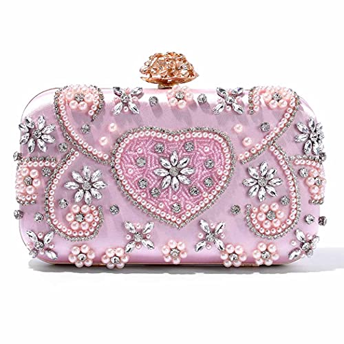 Yokawe Women's Evening Bags Rhinestone Party Prom Clutch Purse Pearl Beaded Beidal Wedding Handbag (Pink)