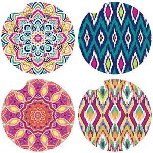 lotfancy 4 pack car coasters ceramic, boho absorbent car cup holder coasters, 2.56inch, mandala style for women men, with finger notch & cork base, 4 patterns