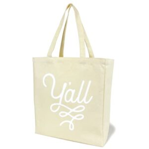 y’all texas tote bag in cotton canvas with y’all flourish design texas gift