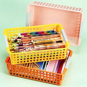 7 Pieces Classroom Paper Trays, Turn in Trays Classroom Colorful Paper Organizer Baskets Plastic Crayon Pencil Storage Bins Shelf Bins with Handles for Classroom Home Office School