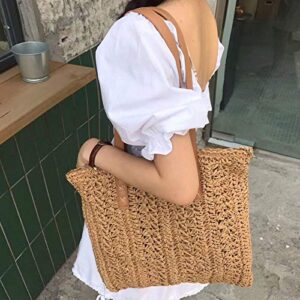 ZLM BAG US Women Straw Crochet Tote Bohemian Summer Beach Bag Large Handmade Shoulder Bag (Light Brown)