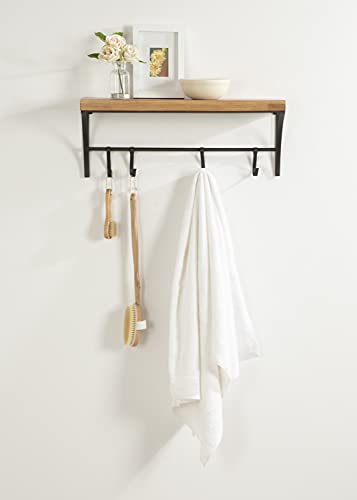 Kate and Laurel Ozias Farmhouse Shelf with Hooks, 24 x 9, Rustic Brown and Black, Sopisticated Coat Rack and Shelf for Storage and Display