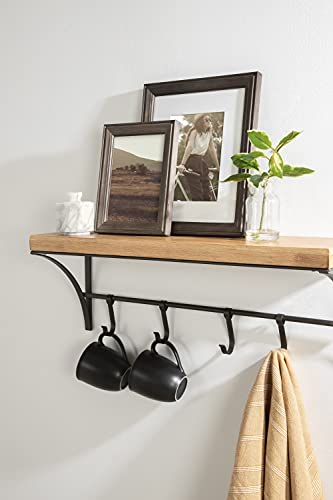 Kate and Laurel Ozias Farmhouse Shelf with Hooks, 24 x 9, Rustic Brown and Black, Sopisticated Coat Rack and Shelf for Storage and Display