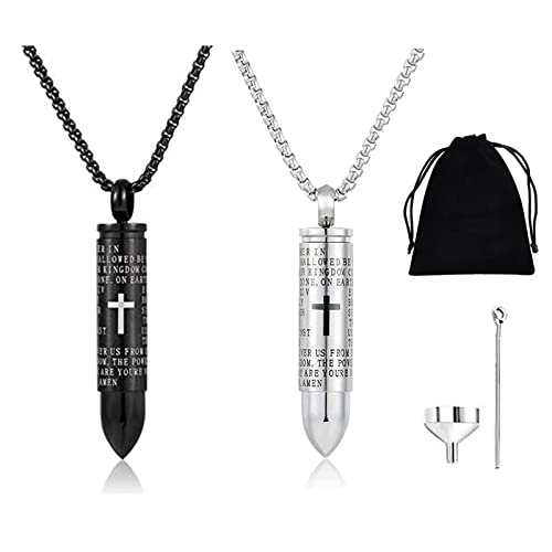 AnHeLin 2PCS Bullet Urn Necklace for Ashes, Cremation Necklack for Ashes, Urn Necklaces for Ashes for Women Men, Cremation Jewelry Locket Stainless Steel Keepsake Waterproof Memorial Pend, Black