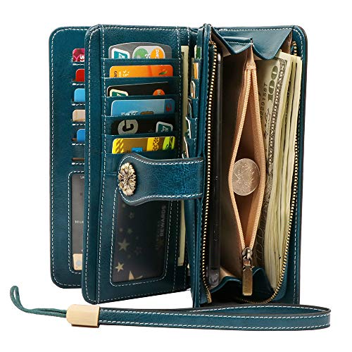 Pearl Angeli Women Wallet Genuine Leather Charming Ladies Wristlet Tri-fold Rfid Blocking Credit Card Holder Organizer Clutch Navy (Peacock Blue)