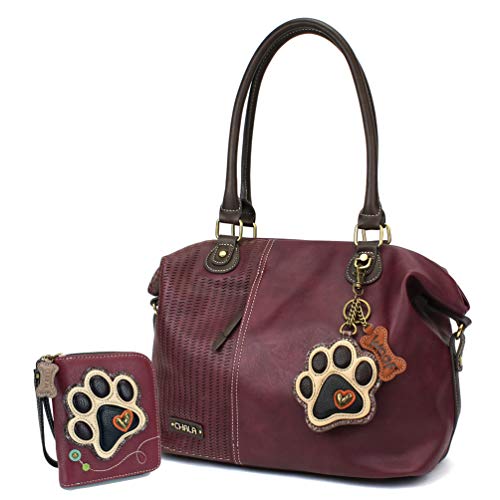 Chala Ivory Paw Print Zip-Around Wallet, LaserCut Plum Tote- Dog Mom Gift Set (Tote Handbag and Wallet Combo)