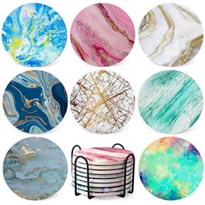 Coasters for Drinks Absorbent - Colorful Ceramic Stone Cup Marble Coaster Sets of 8 Pack Anti Scratch Cork Base with Holder 3.9" for Wooden Coffee Table Bar Housewarming Gifts