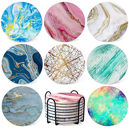 Coasters for Drinks Absorbent - Colorful Ceramic Stone Cup Marble Coaster Sets of 8 Pack Anti Scratch Cork Base with Holder 3.9" for Wooden Coffee Table Bar Housewarming Gifts