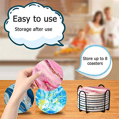 Coasters for Drinks Absorbent - Colorful Ceramic Stone Cup Marble Coaster Sets of 8 Pack Anti Scratch Cork Base with Holder 3.9" for Wooden Coffee Table Bar Housewarming Gifts