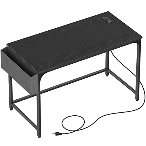 Rolanstar Computer Desk with Power Outlet, 47” Home Office PC Desk with USB Ports Charging Station, Desktop Table with Side Storage Bag and Iron Hooks, Stable Metal Frame Workstation, Black