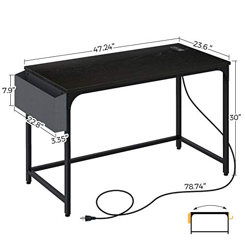 Rolanstar Computer Desk with Power Outlet, 47” Home Office PC Desk with USB Ports Charging Station, Desktop Table with Side Storage Bag and Iron Hooks, Stable Metal Frame Workstation, Black