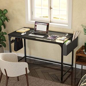 Rolanstar Computer Desk with Power Outlet, 47” Home Office PC Desk with USB Ports Charging Station, Desktop Table with Side Storage Bag and Iron Hooks, Stable Metal Frame Workstation, Black